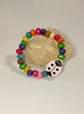 COPII > BRĂȚĂRI PENTRU COPII - Bratara Martisor Copii - Margele Lemn  Buburuza Roz   Handmade ,Zambet de Gaza